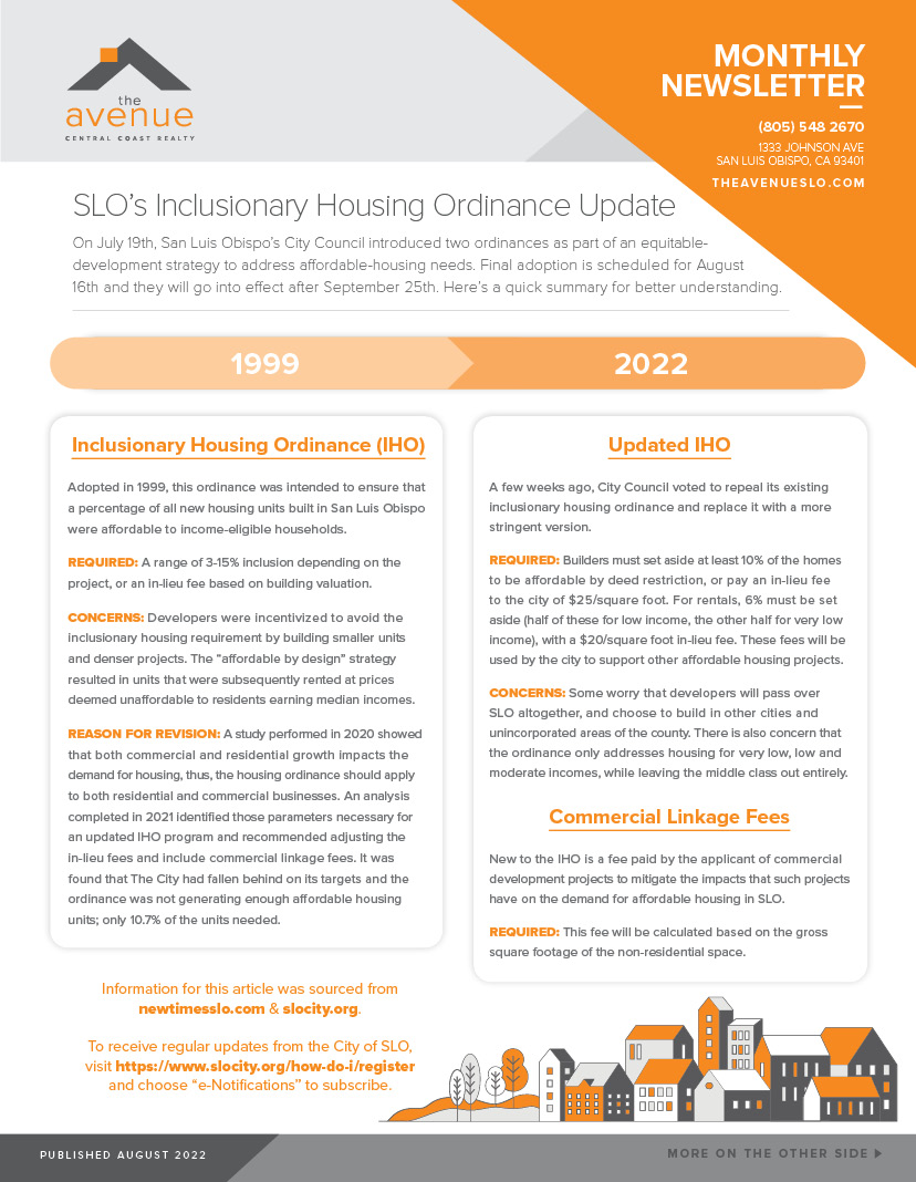 Avenue Aug Newsletter - SLO’s Inclusionary Housing Ordinance Update