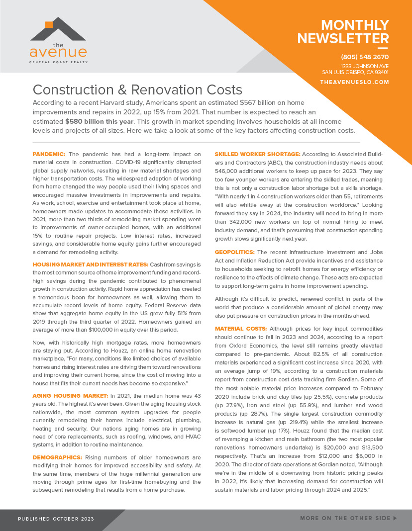 The Avenue Central Coast Oct 2023 Newsletter - Construction & Renovation Costs - BACK